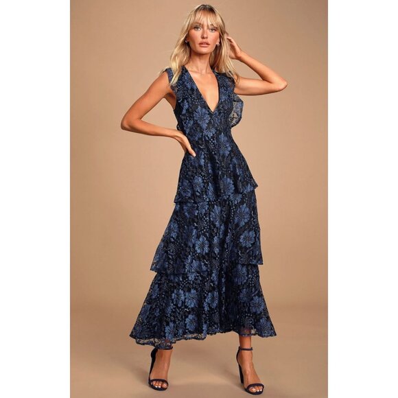 NWT Lulus Molinetto Navy Blue Lace Ruffled Tiered Sleeveless Maxi Dress XL - Picture 1 of 13
